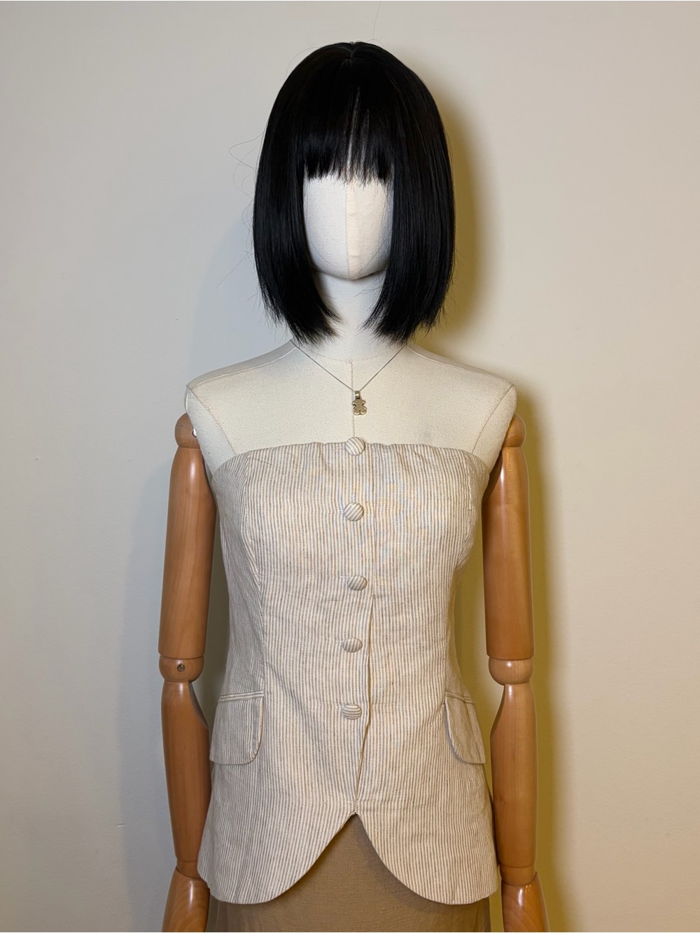 Olivaceous Striped Linen Strapless Top Size M